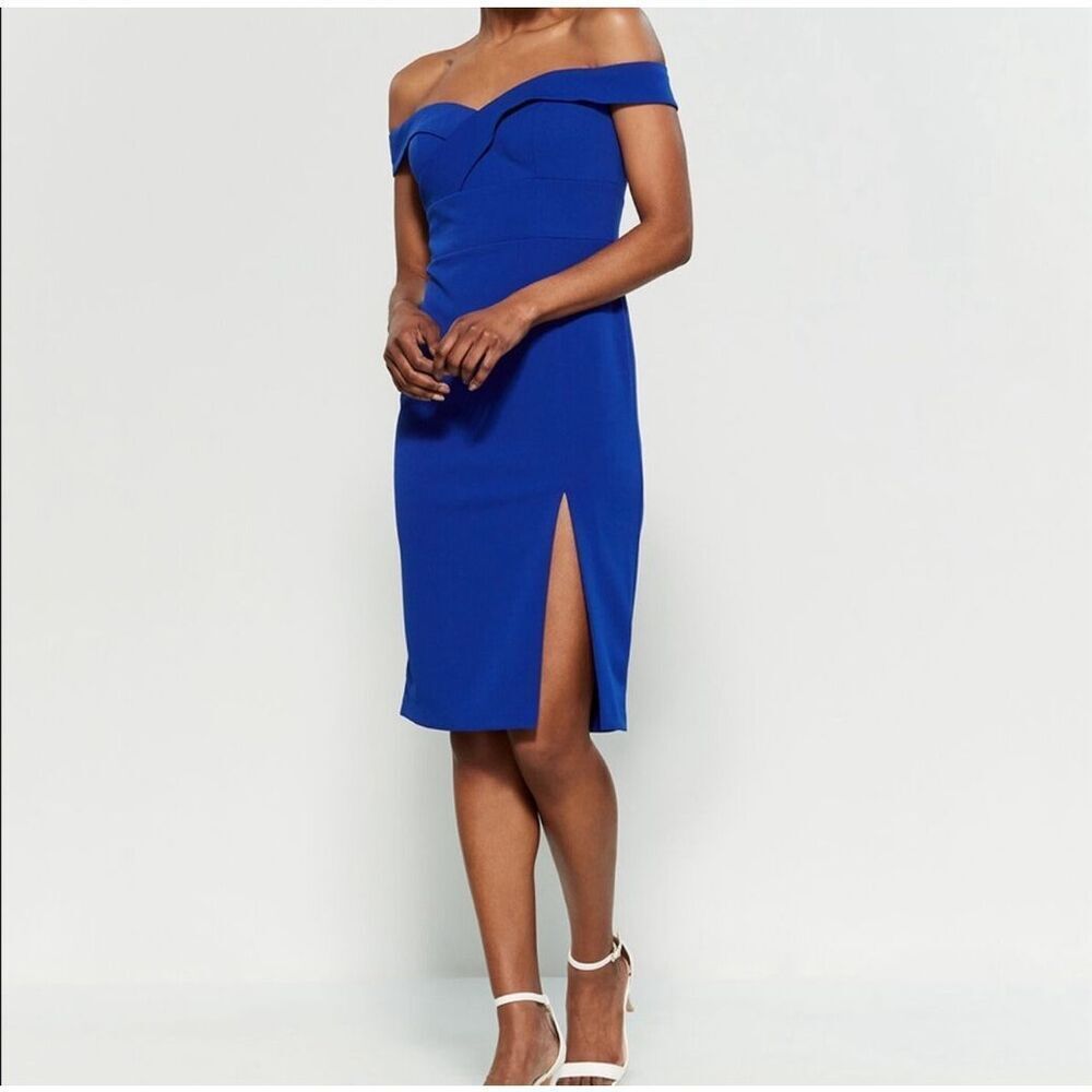 Aiden Mattox royal blue off the shoulder side slit sheath dress size 2